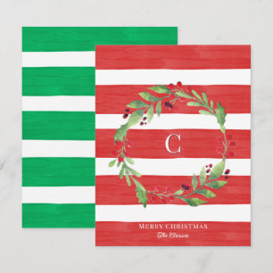 Aquarell-Monogramm-Weihnachts-Kranz gestreift Mitteilungskarte