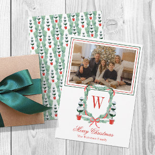 Aquarell-Monogramm-Weihnachts-Topiary-Wappen-Foto Feiertagskarte