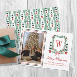 Aquarell-Monogramm-Weihnachts-Topiary-Wappen-Foto Feiertagskarte