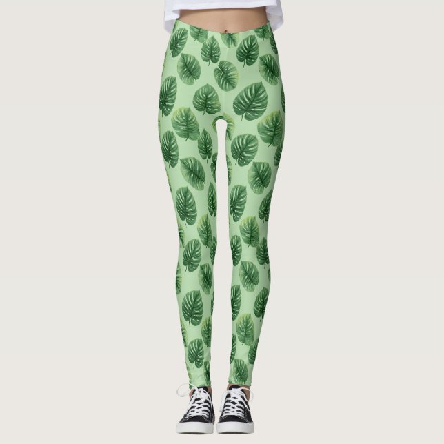 Aquarell-Monstera-Blattmuster Leggings (Vorderseite)