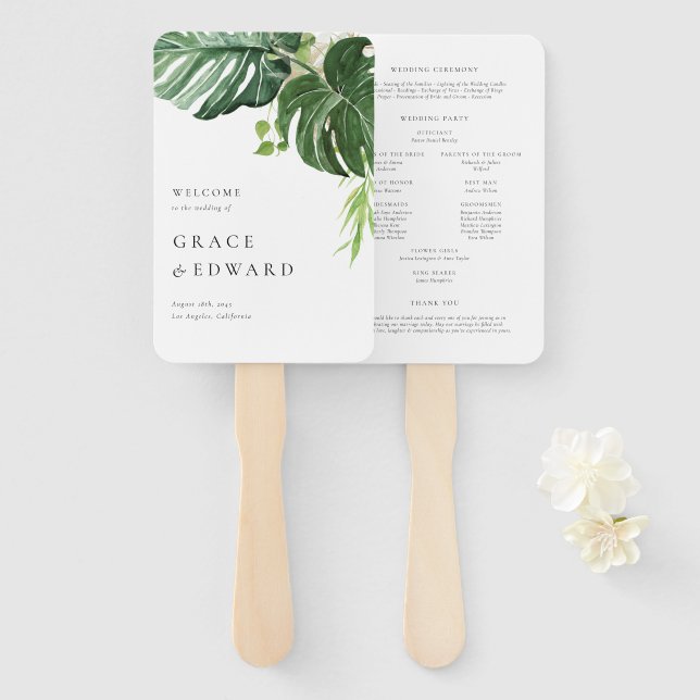 Aquarell Monstera Tropical Hochzeitsprogramm Fächer (Vorne und Hinten)