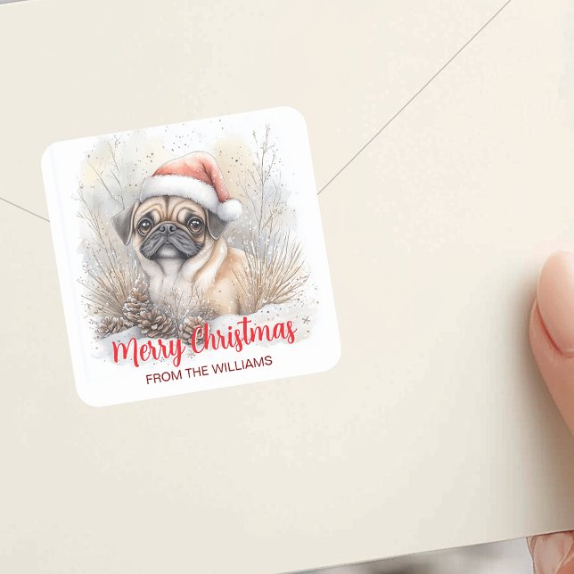 Aquarell Mops Weihnachtsmannmütze Frohe Weihnachts Quadratischer Aufkleber (Watercolor Pug Santa Hat Merry Christmas Holiday Square Sticker)