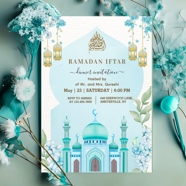 Aquarell-Moschee-Iftar-Abendessen Blau Einladung (Von Creator hochgeladen)