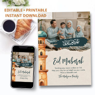 Aquarell-Moschee-Illustration Familienfoto Eid Feiertagskarte