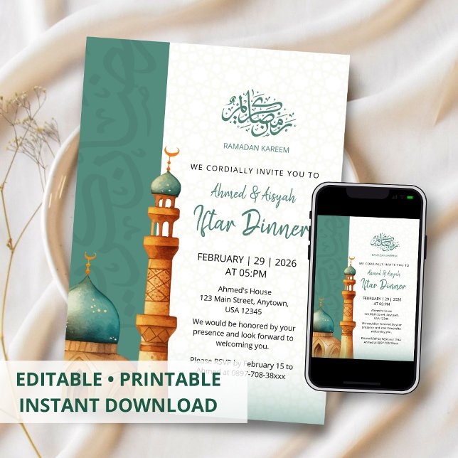 Aquarell-Moschee-Illustration Iftar-Abendessen Einladung (Von Creator hochgeladen)