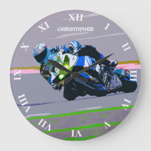 Aquarell-Motorrad-Reiter-Kreis-laufende Skizze Große Wanduhr