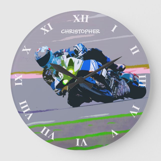 Aquarell-Motorrad-Reiter-Kreis-laufende Skizze Große Wanduhr (Vorderseite)