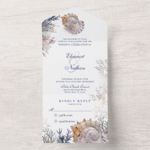 Aquarell-Muschel-Korallen-Hochzeit All In One Einladung