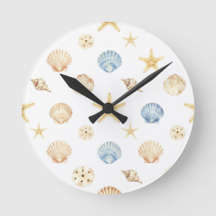 Aquarell-Muscheln Seestern Küstenmuster Runde Wanduhr