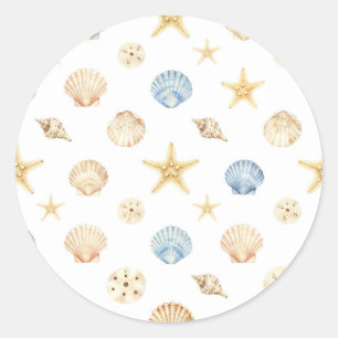 Aquarell-Muscheln Seestern Küstenmuster Runder Aufkleber