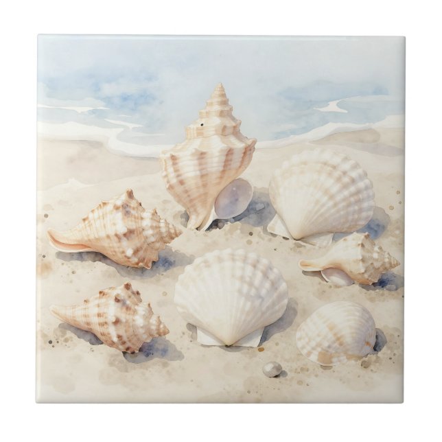 Aquarell-Muscheln Strand Szene Fliese (Vorderseite)