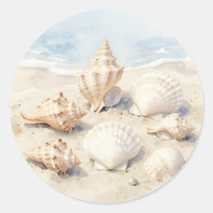 Aquarell-Muscheln Strand Szene Runder Aufkleber