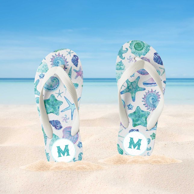 Aquarell-Muscheln und Starfish-Monogramm Kinderbadesandalen (Watercolor Sea Shells and Starfish Monogram Kid's Flip Flops)