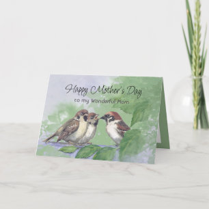 Aquarell-Mutter-Spatz füttert Küken Karte