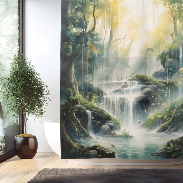 Aquarell-Mystik-Wald-Wasserfall Duschvorhang (Von Creator hochgeladen)