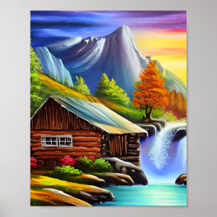 Aquarell-Natur-Berg-Wasserfall-Malerei Poster