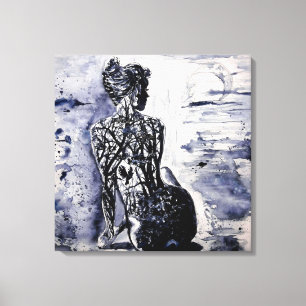 Aquarell-Natur-Lady-Schwarz-Weiß-Leinwanddruck Leinwanddruck
