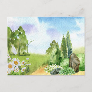 Aquarell-Natur-Landschaft und Gänseblümchen  Postkarte