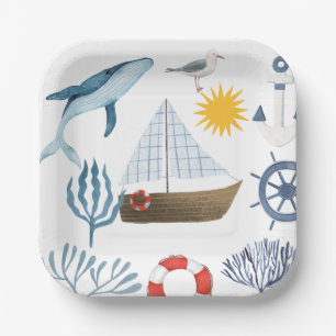 Aquarell-Nautik-Wal-Segelschiff-Baby-Party Pappteller