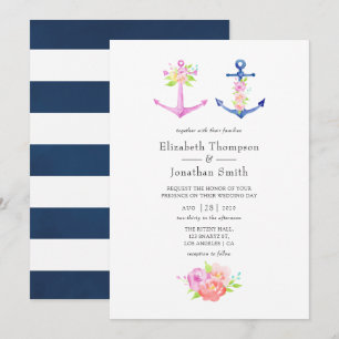 Aquarell-nautisch thematisierte florale Hochzeit Einladung