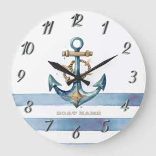 Aquarell-Nautischer-Anker-Hellblau-Streifen Große Wanduhr