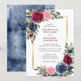 Aquarell Navy Blue Burgundi Gold Floral Einladung