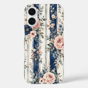 Aquarell-Navy-Blumenstreifen-Musterdesign iPhone 16 Hülle