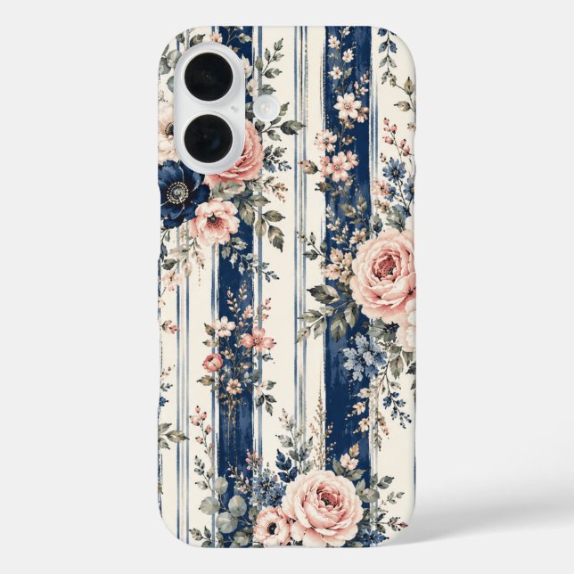 Aquarell-Navy-Blumenstreifen-Musterdesign Case-Mate iPhone Hülle (Rückseite)