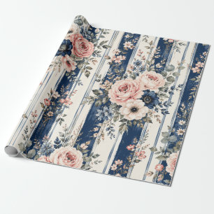 Aquarell-Navy-Blumenstreifen-Musterdesign Geschenkpapier