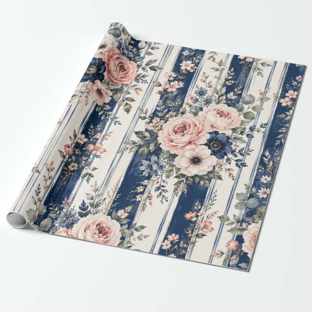 Aquarell-Navy-Blumenstreifen-Musterdesign Geschenkpapier (Ungerollt)