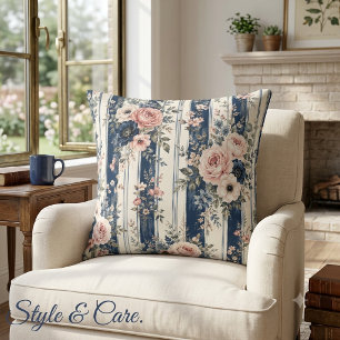 Aquarell-Navy-Blumenstreifen-Musterdesign Kissen