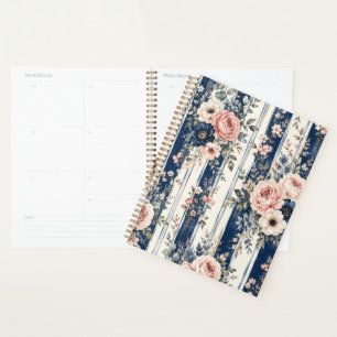 Aquarell-Navy-Blumenstreifen-Musterdesign Planer