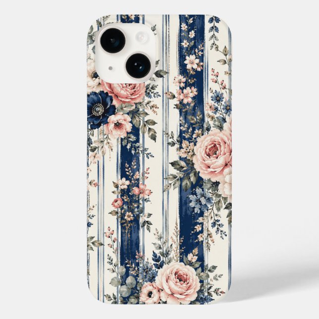 Aquarell-Navy-Blumenstreifenmuster-Design Case-Mate iPhone Hülle (Rückseite)