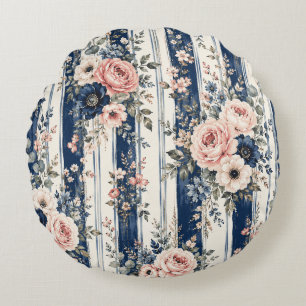 Aquarell-Navy-Blumenstreifenmuster-Design Rundes Kissen