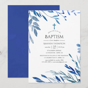 Aquarell Navy Indigo Blätter Taufe Einladung