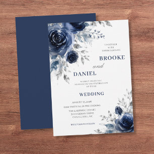 Aquarell-Navy-Rose-Silber-Blatt-Hochzeit Einladung
