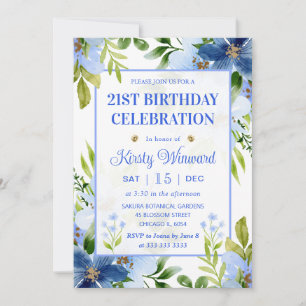 Aquarell Navy und Babyblau Blumen Geburtstag Einladung