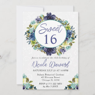 Aquarell-Navy- und Blaue Kranz Sweet 16 Einladung