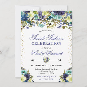 Aquarell Navy- und Blaue Sommerblumen Sweet 16 Einladung