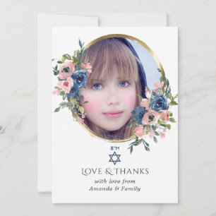 Aquarell Navy und Blush Floral Bat Mizwa Foto Dankeskarte