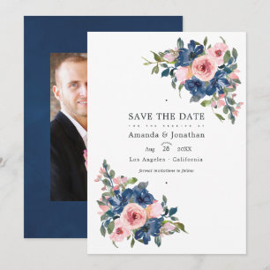 Aquarell-Navy- und Rosé-Blumen-Hochzeitsfoto Save The Date