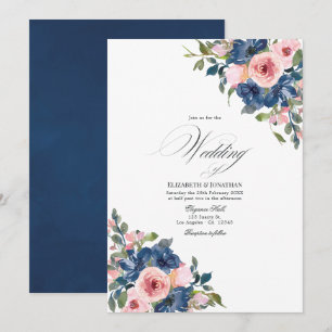 Aquarell-Navy- und Rosé-Blumenhochzeit Einladung