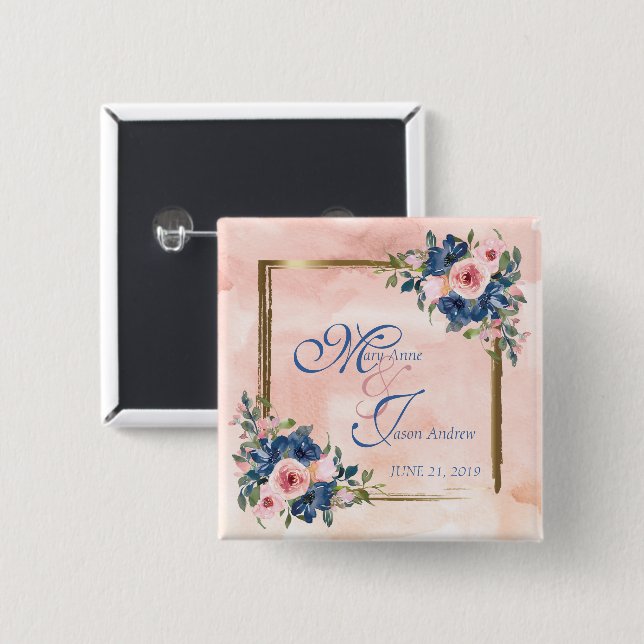Aquarell Navy- und Rosé-Hochzeit Button (Vorne & Hinten)