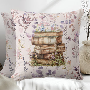 Aquarell New Chapter, Stapel Bücher Wildblumen Kissen
