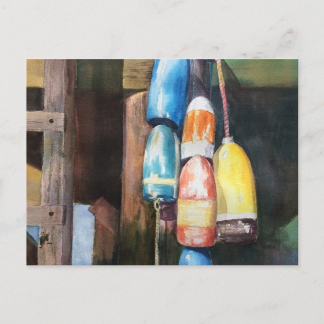 Aquarell New England Lobster Buoy Seascape Einladungspostkarte (Vorderseite)