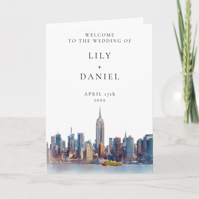 Aquarell New York Elegante Hochzeit Programm (Vorderseite)