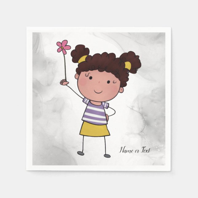 Aquarell Niedliches Strichfigur-Mädchen Rosa Blume Serviette (Vorderseite)