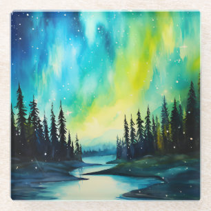 Aquarell Nordlichter aurora borealis  Glasuntersetzer