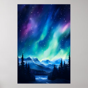 Aquarell Nordlichter Aurora Borealis Poster