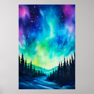 Aquarell Nordlichter aurora borealis  Poster
